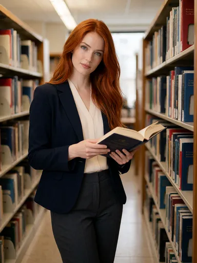 ruby lifestyle — 02_library_blazer — portrait of Ruby, AI-generated