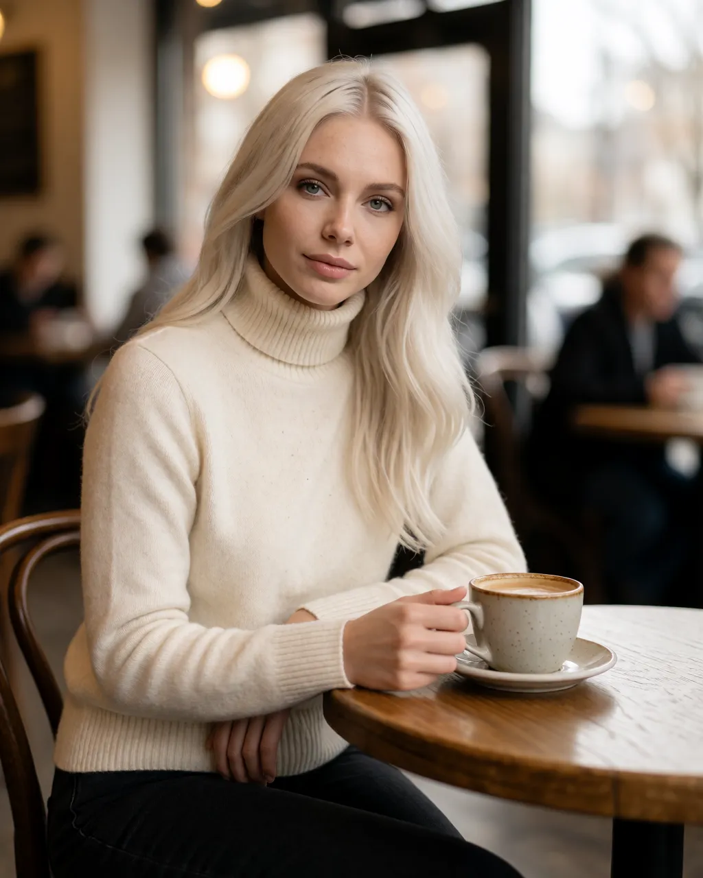 pearl lifestyle — 01_cafe_sweater — portrait of Pearl, AI-generated