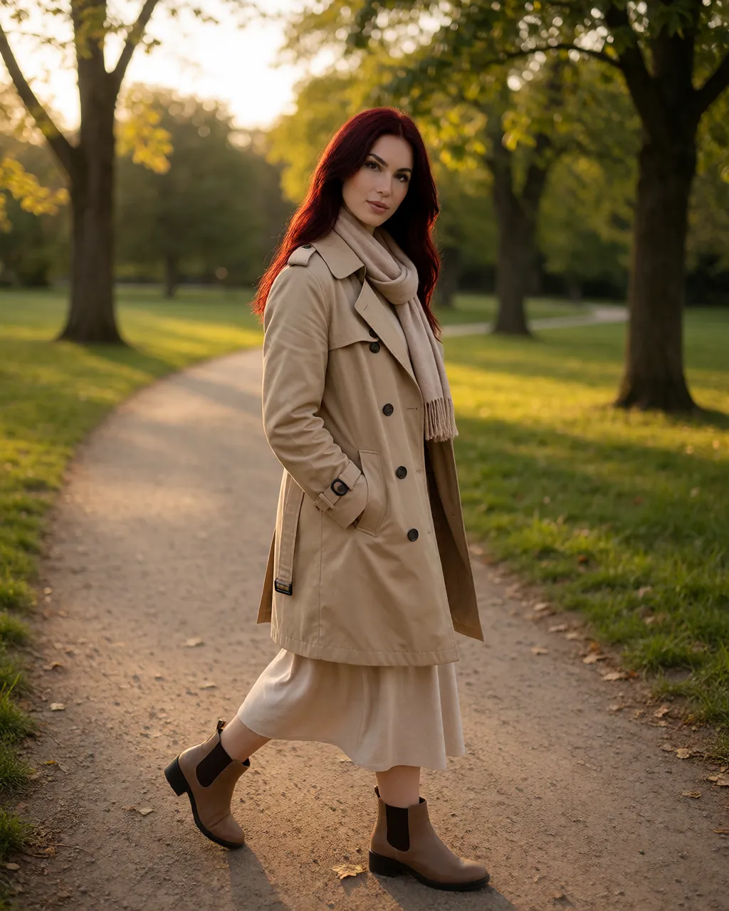 garnet lifestyle — 03_park_trench — portrait of Garnet, AI-generated