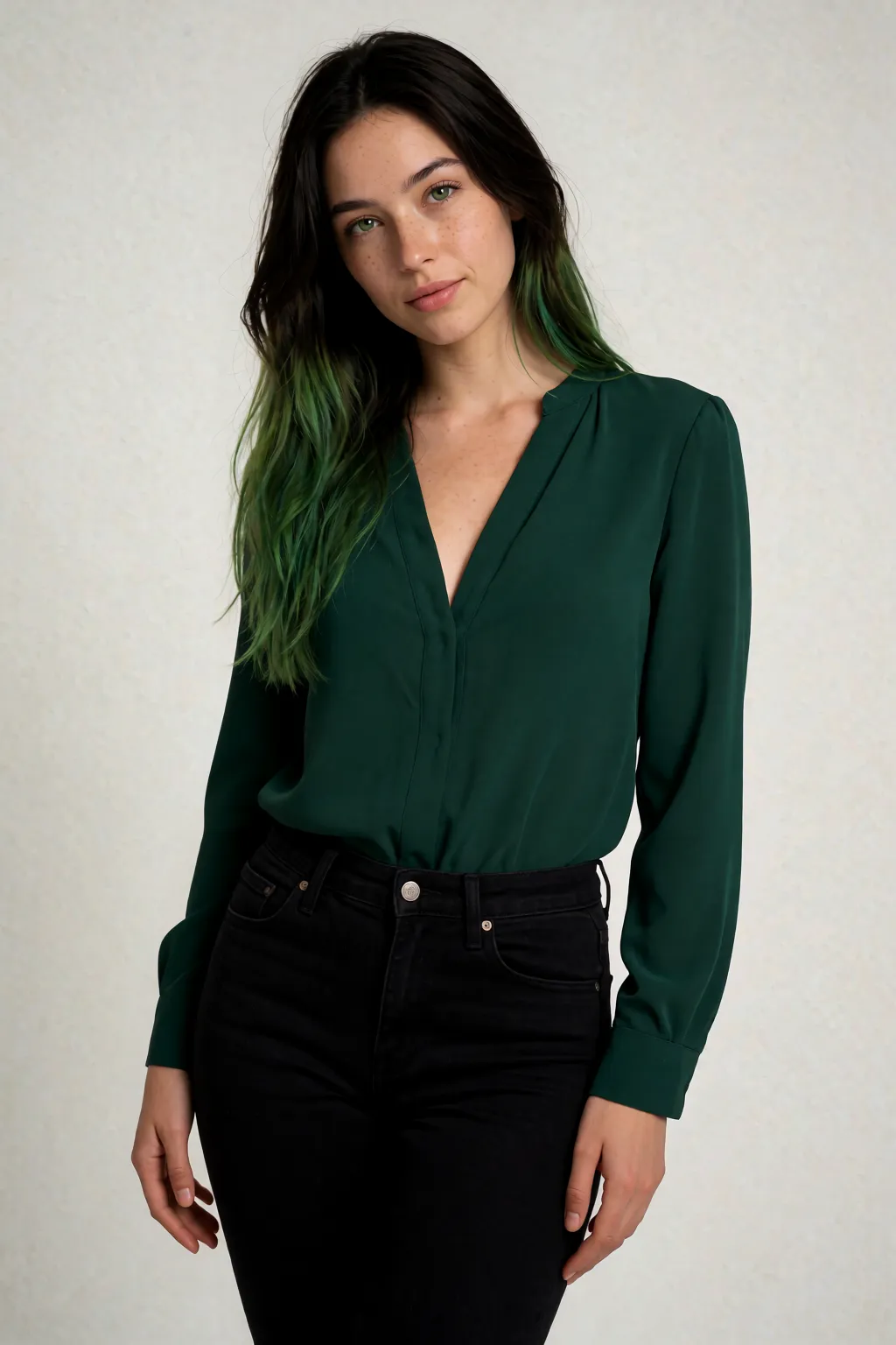 Jade in a green shirt and black pants. — portrait of Jade, AI-generated