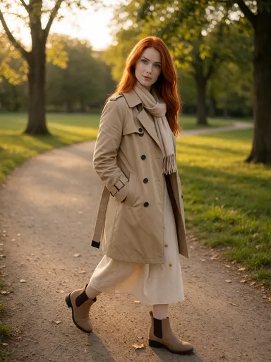 ruby lifestyle — 03_park_trench — portrait of Ruby, AI-generated