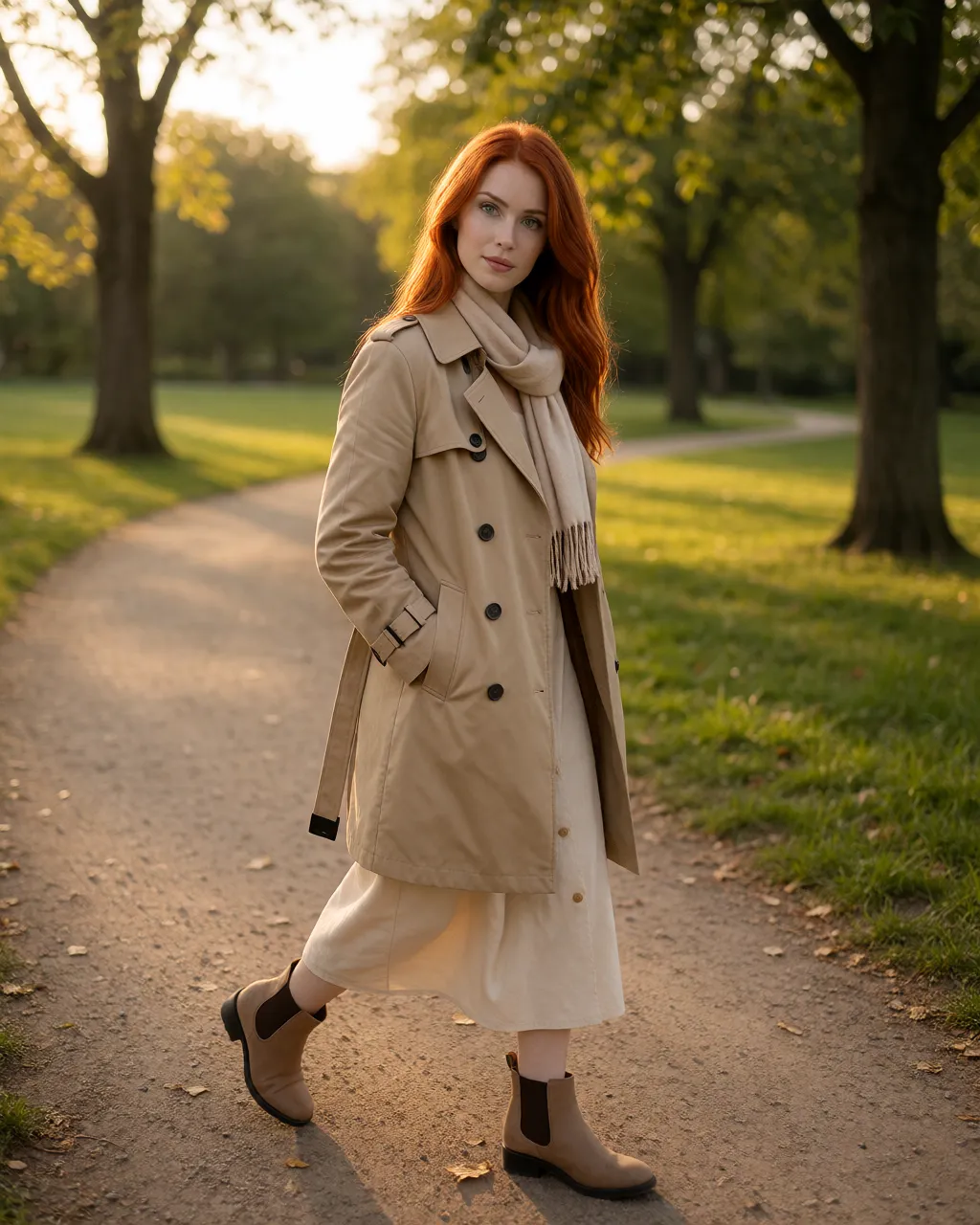 ruby lifestyle — 03_park_trench — portrait of Ruby, AI-generated