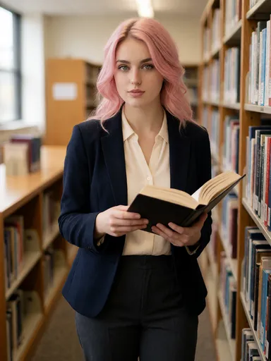 pixie lifestyle — 02_library_blazer — portrait of Pixie, AI-generated