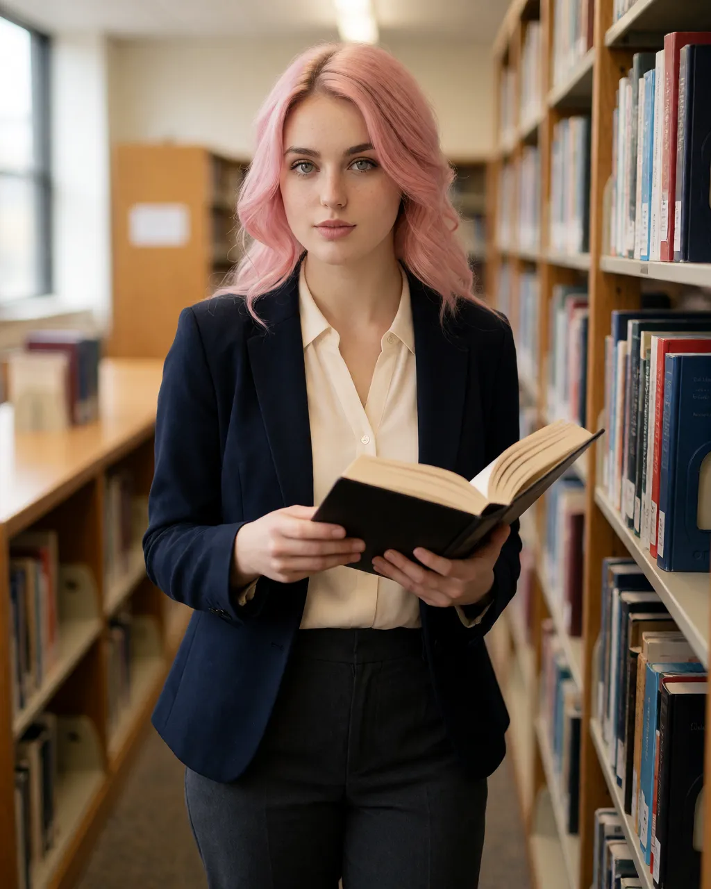 pixie lifestyle — 02_library_blazer — portrait of Pixie, AI-generated