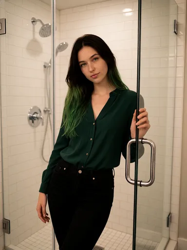 Shower 01 — outside, dressed — portrait of Jade, AI-generated
