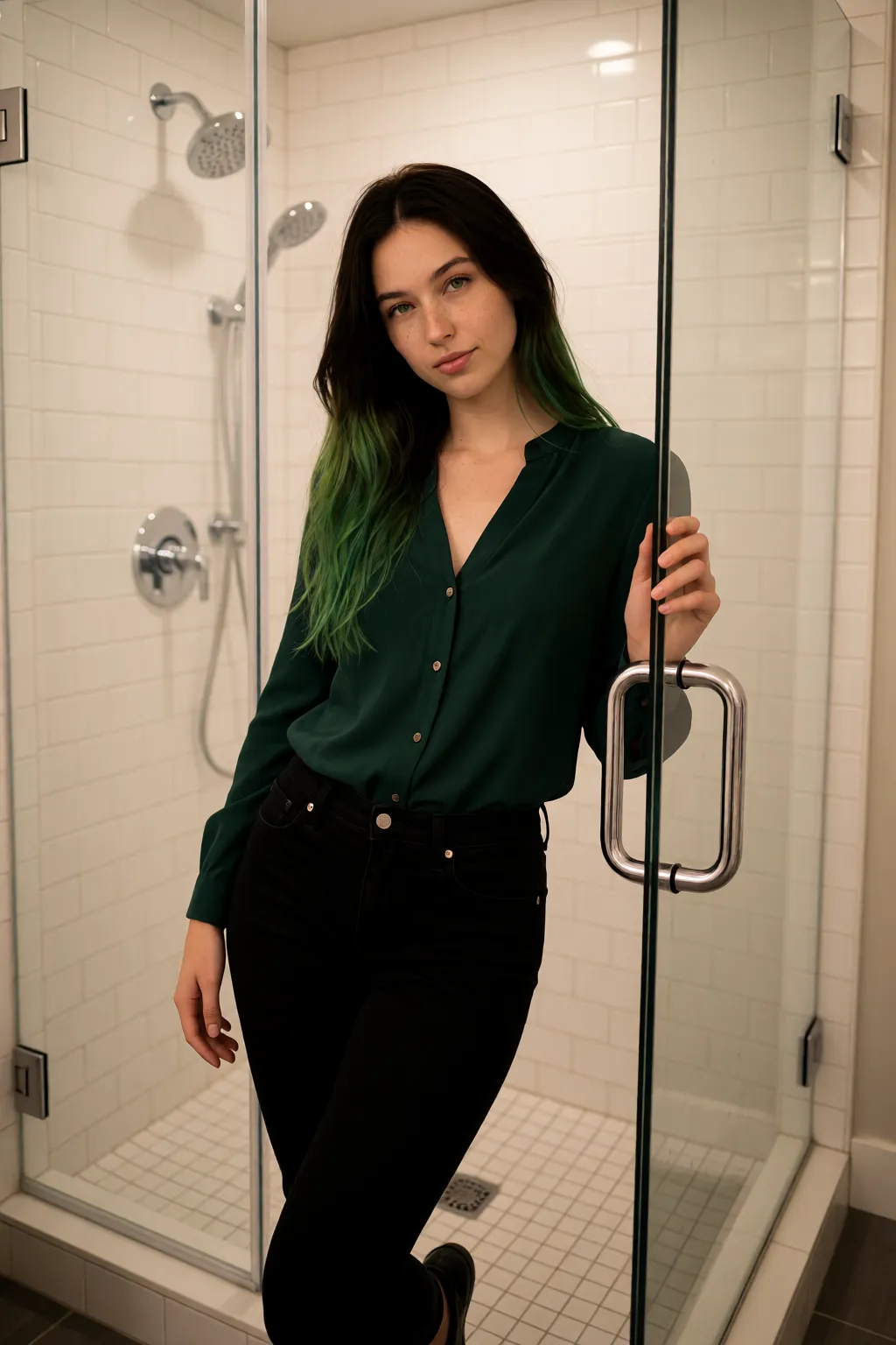 Shower 01 — outside, dressed — portrait of Jade, AI-generated