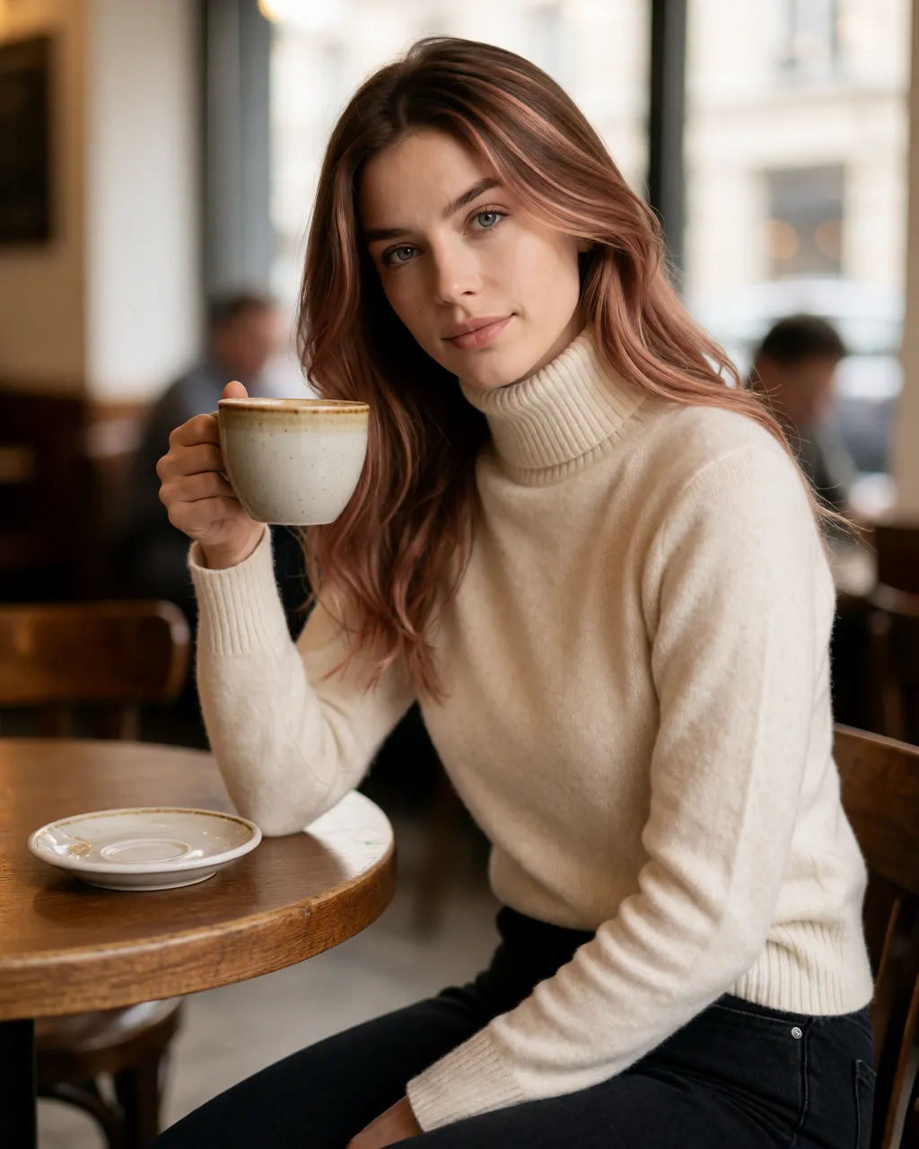opal lifestyle — 01_cafe_sweater — portrait of Opal, AI-generated