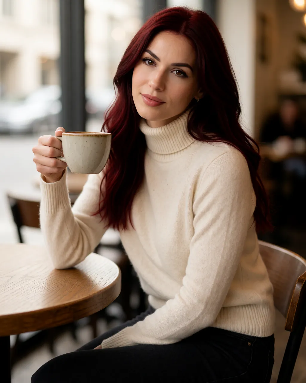 garnet lifestyle — 01_cafe_sweater — portrait of Garnet, AI-generated