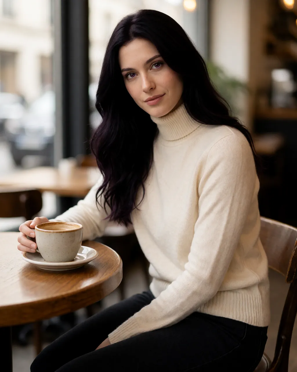 amethyst lifestyle — 01_cafe_sweater — portrait of Amethyst, AI-generated