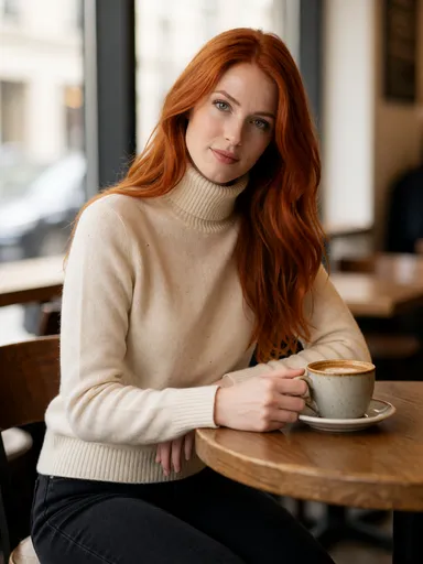 ruby lifestyle — 01_cafe_sweater — portrait of Ruby, AI-generated