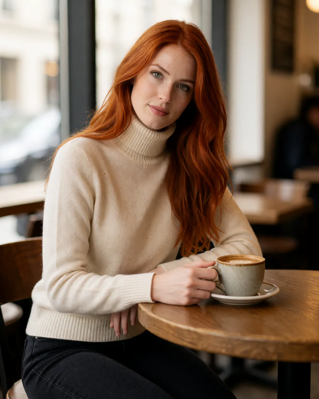 ruby lifestyle — 01_cafe_sweater — portrait of Ruby, AI-generated