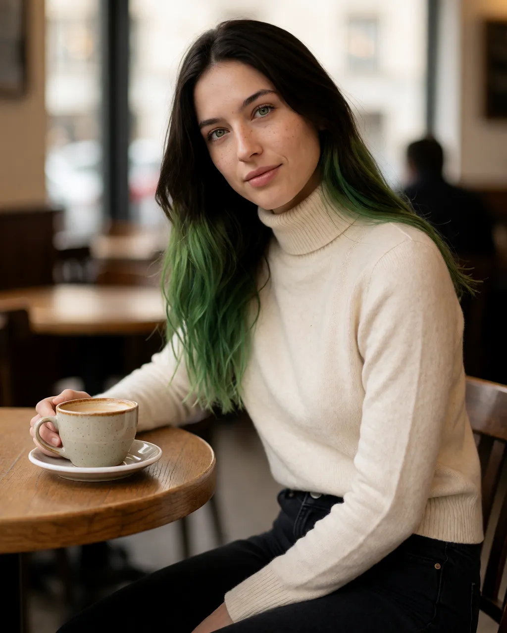 jade lifestyle — 01_cafe_sweater — portrait of Jade, AI-generated