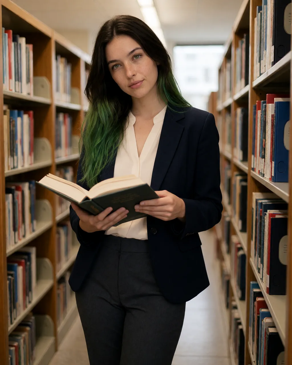 jade lifestyle — 02_library_blazer — portrait of Jade, AI-generated