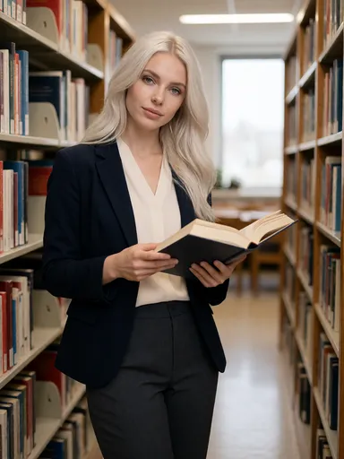 pearl lifestyle — 02_library_blazer — portrait of Pearl, AI-generated