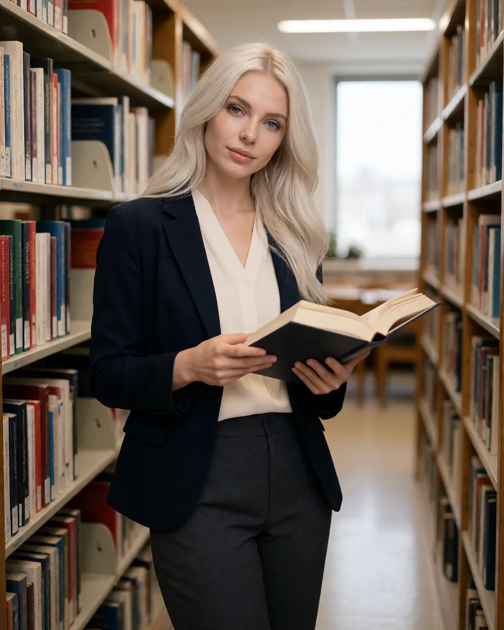 pearl lifestyle — 02_library_blazer — portrait of Pearl, AI-generated