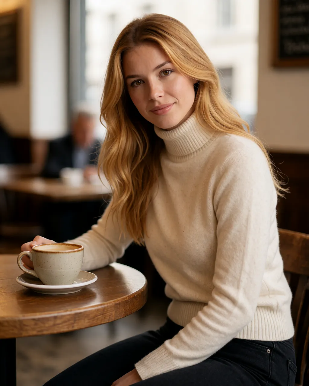 amber lifestyle — 01_cafe_sweater — portrait of Amber, AI-generated