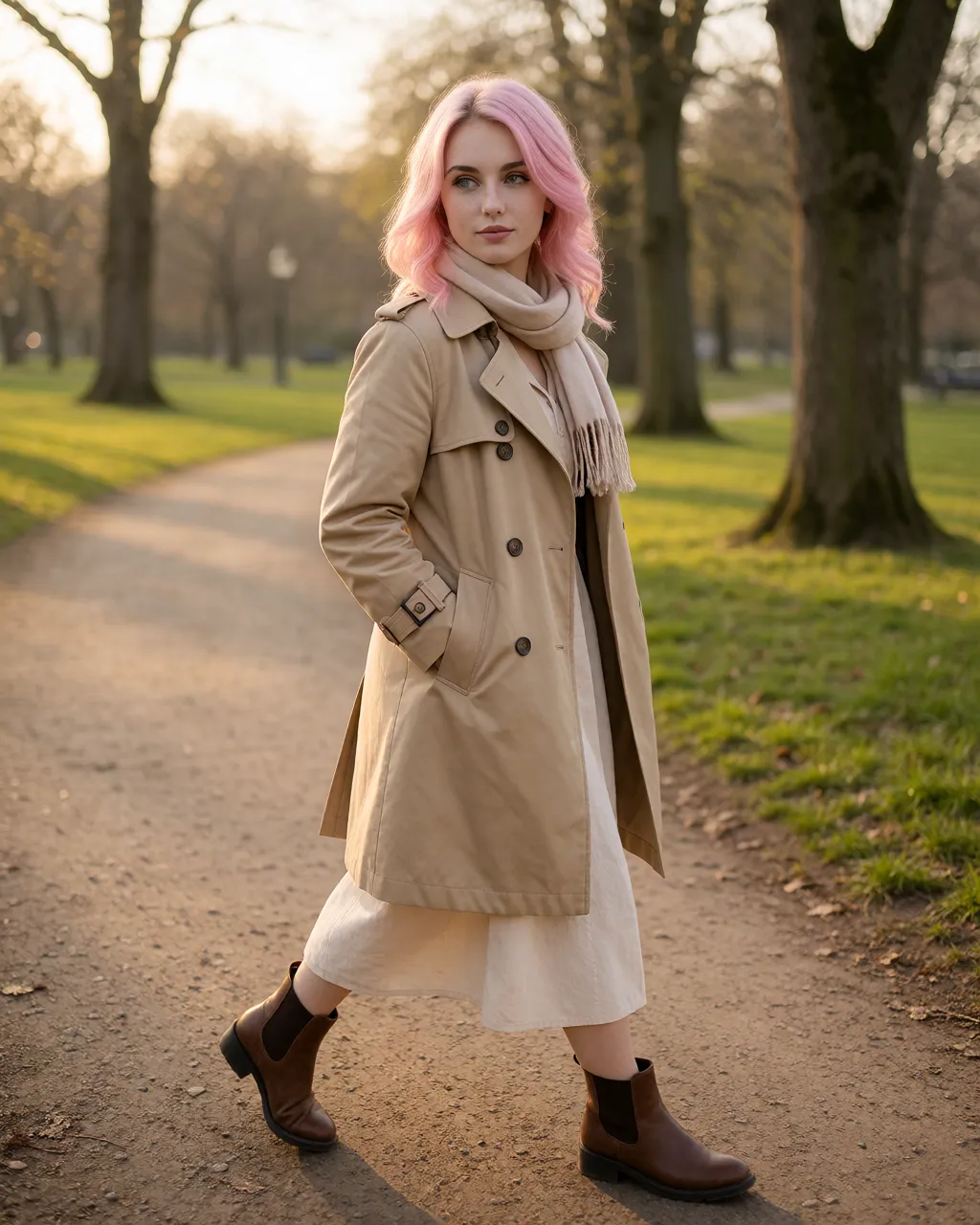 pixie lifestyle — 03_park_trench — portrait of Pixie, AI-generated