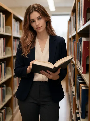 opal lifestyle — 02_library_blazer — portrait of Opal, AI-generated