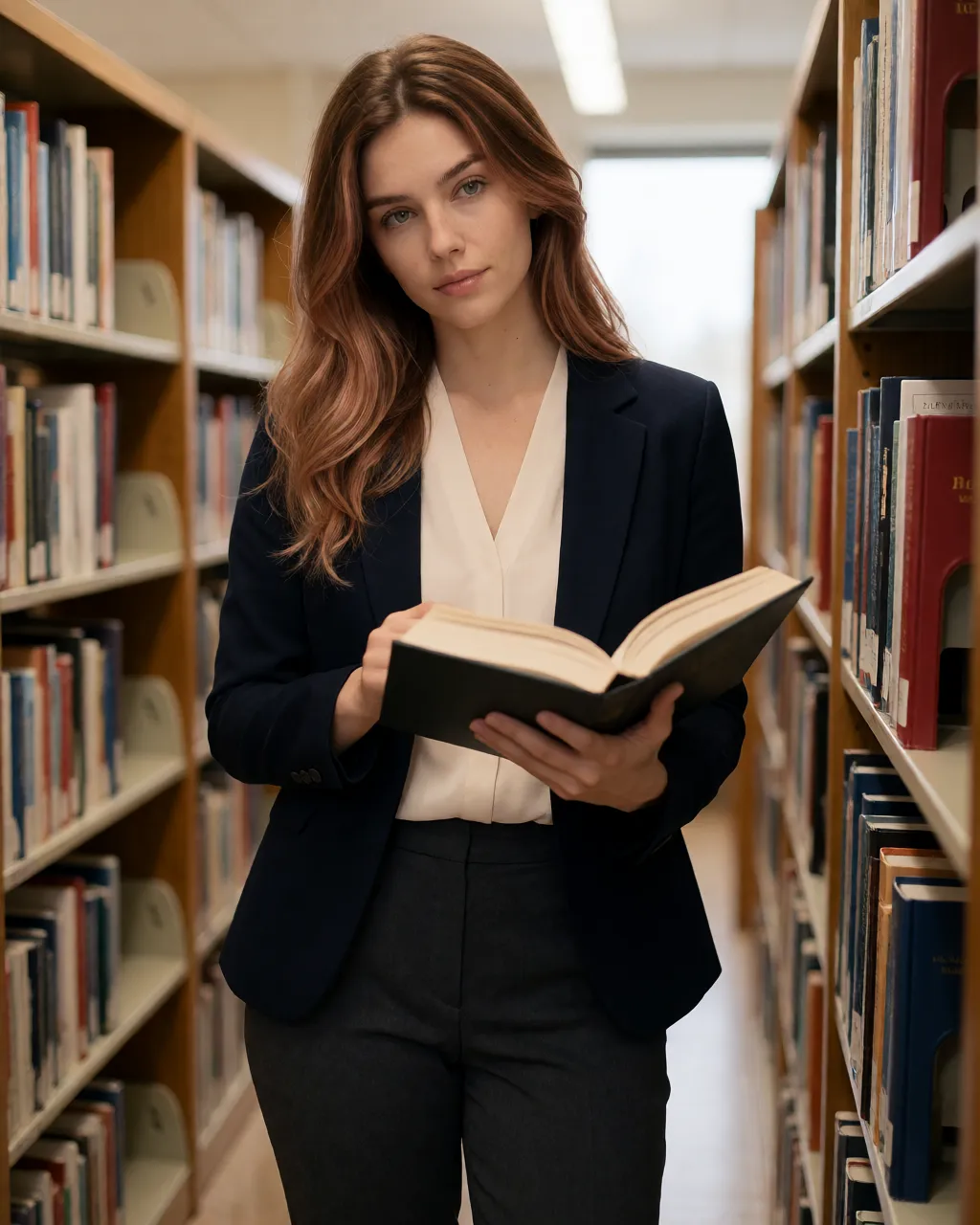 opal lifestyle — 02_library_blazer — portrait of Opal, AI-generated