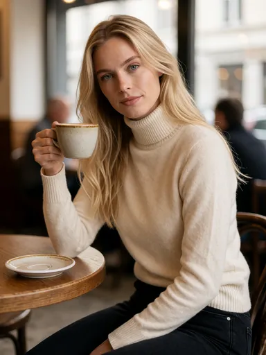 sapphire lifestyle — 01_cafe_sweater — portrait of Sapphire, AI-generated