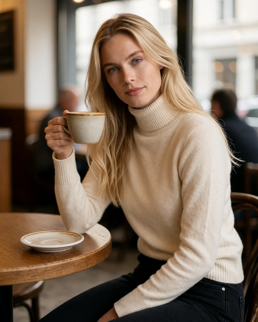 sapphire lifestyle — 01_cafe_sweater — portrait of Sapphire, AI-generated