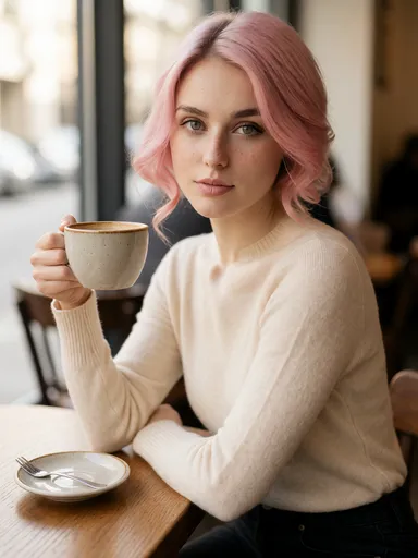 pixie lifestyle — 01_cafe_sweater — portrait of Pixie, AI-generated