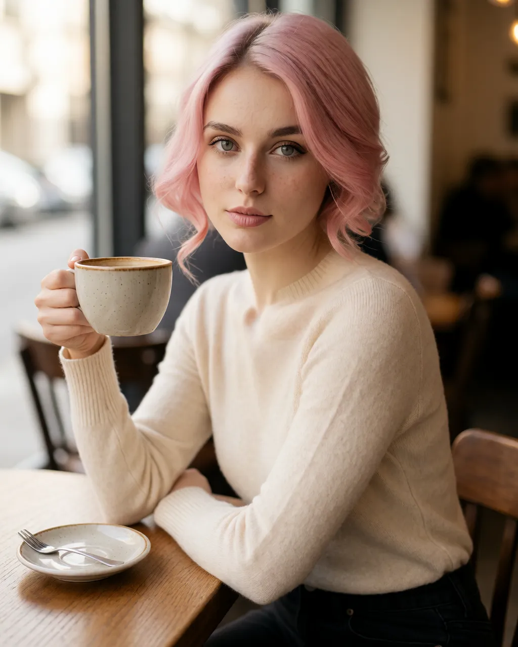 pixie lifestyle — 01_cafe_sweater — portrait of Pixie, AI-generated
